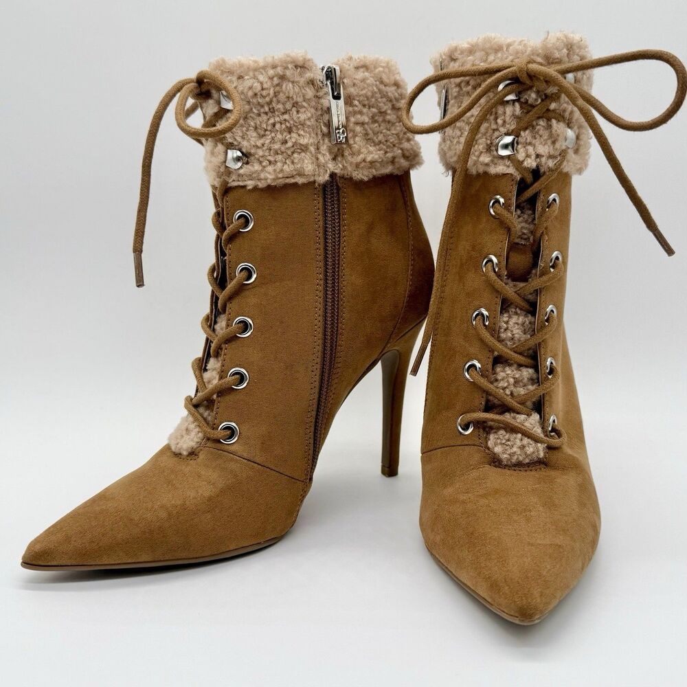 JESSICA SIMPSON Ankle Boots Women's Sz 5.5 Tan Stiletto Heel Vegan Faux Fur Cuff